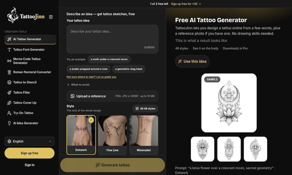 TattooJinn  - Generate custom tattoo designs with AI using text prompts and reference images. Explore unique tattoo  ideas without needing drawing skills